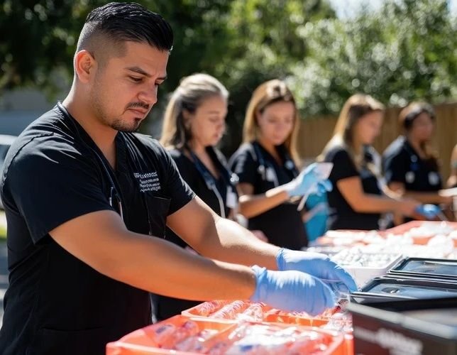 Healthcare workers preparing supplies at an outdoor community health event