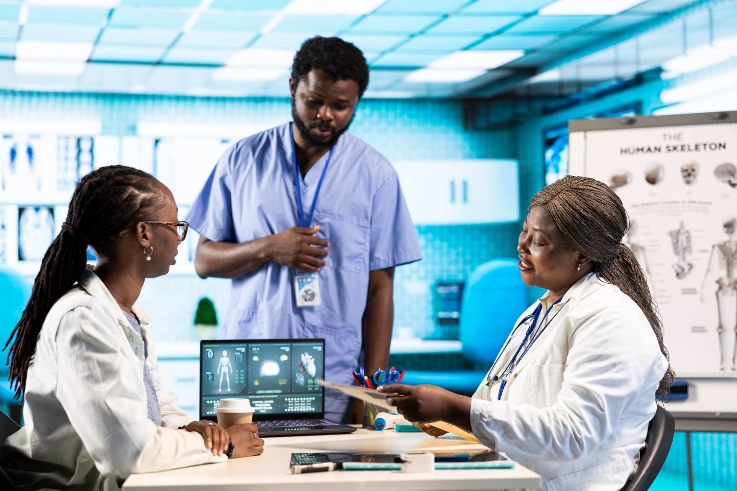 Healthcare professionals reviewing information together at a workstation
