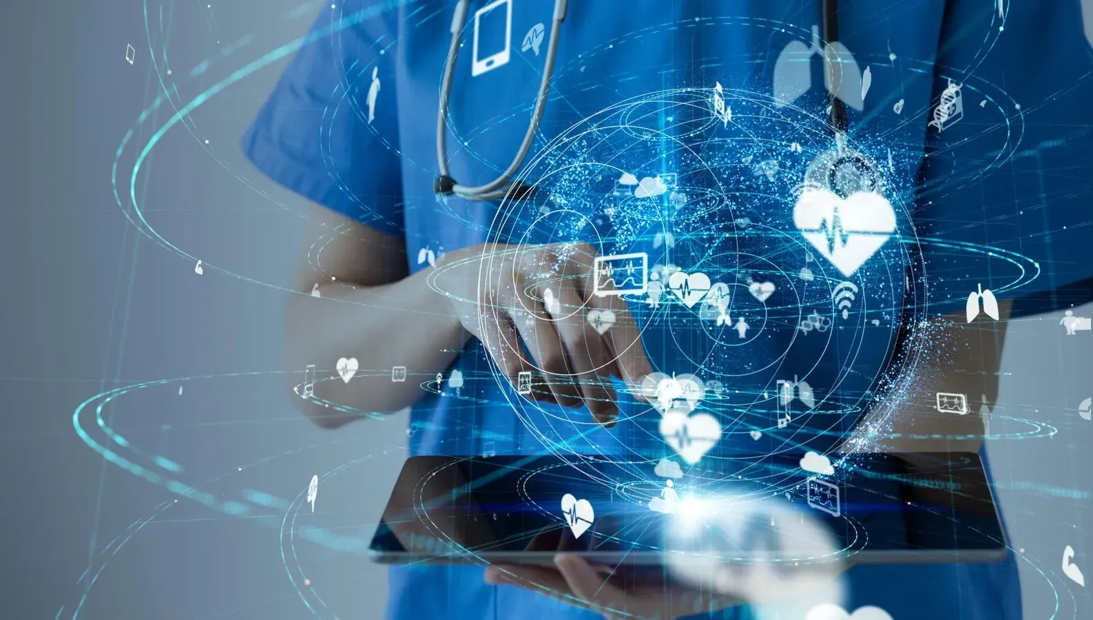A nurse uses a tablet surrounded by a digital overlay of connected health data