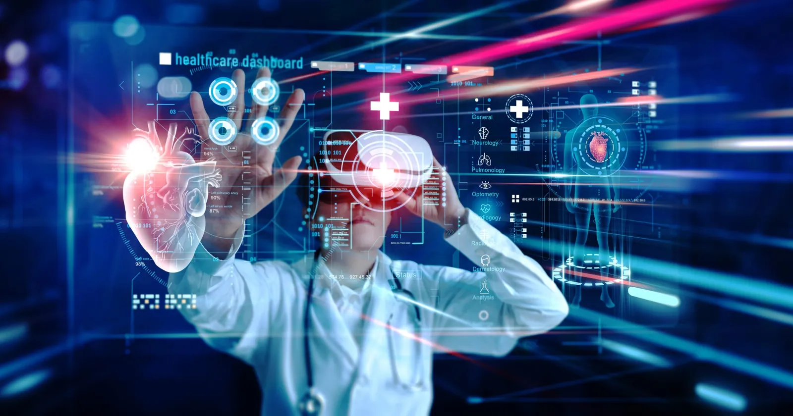 A doctor wearing a virtual reality headset interacts with a holographic dashboard