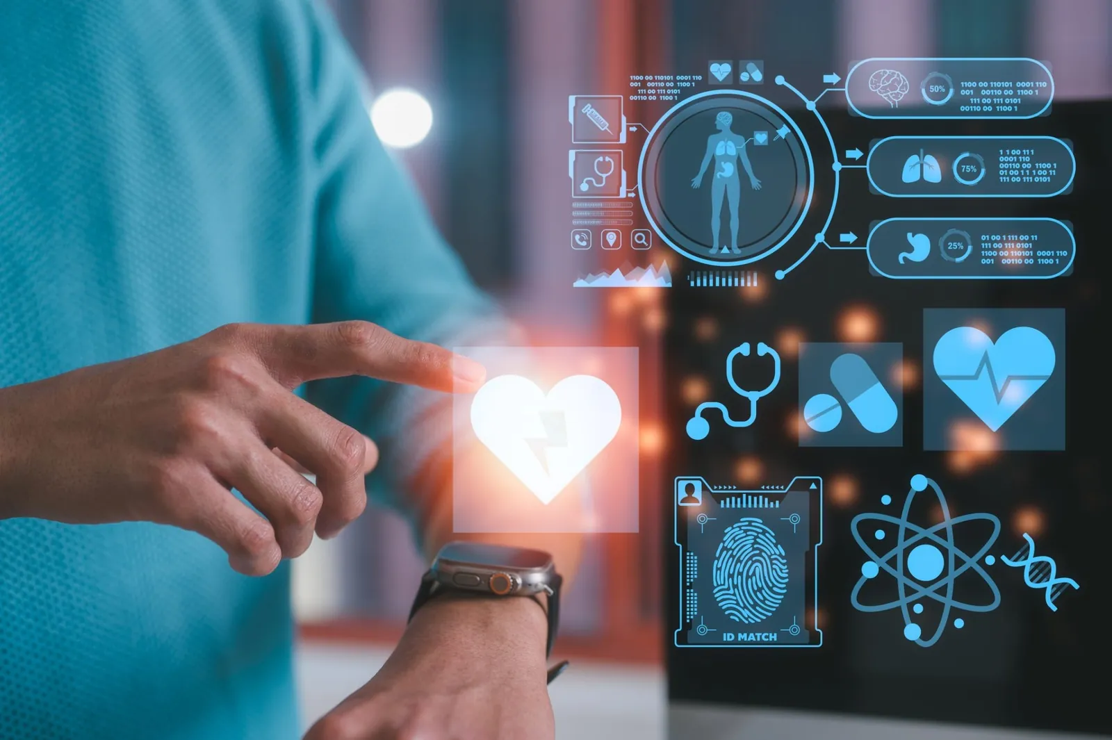 A person wearing a smartwatch touches a digital heart icon