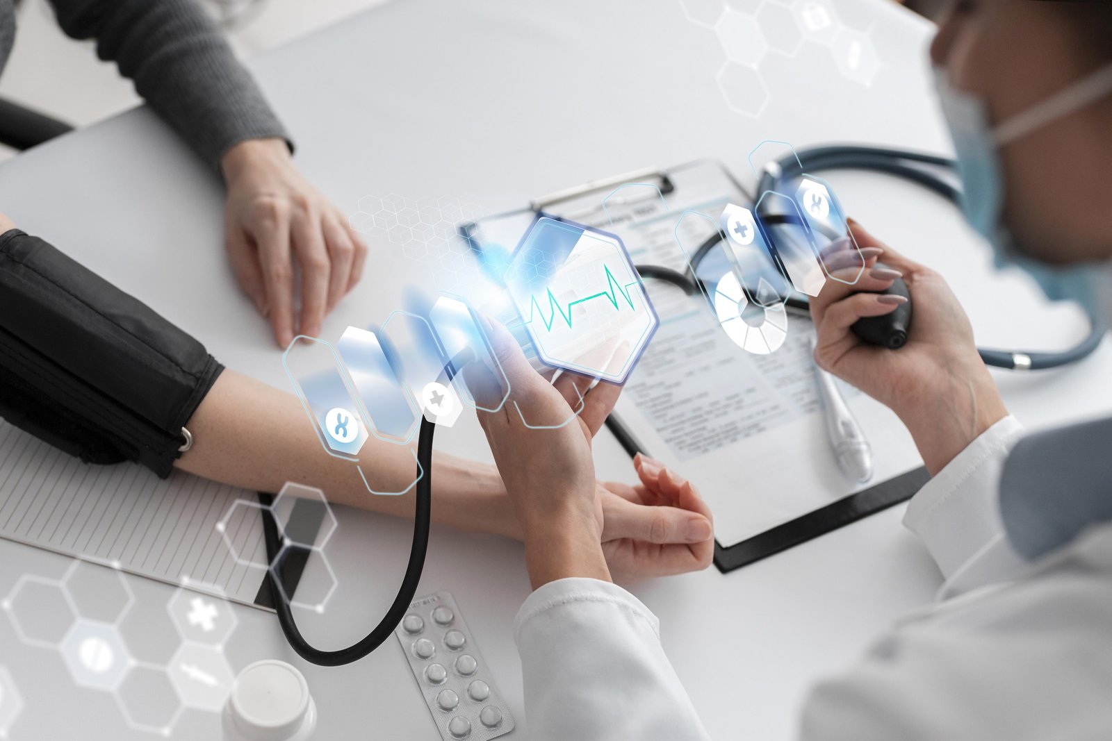 A clinician takes a patient&rsquo;s blood pressure beneath a digital overlay of connected health data