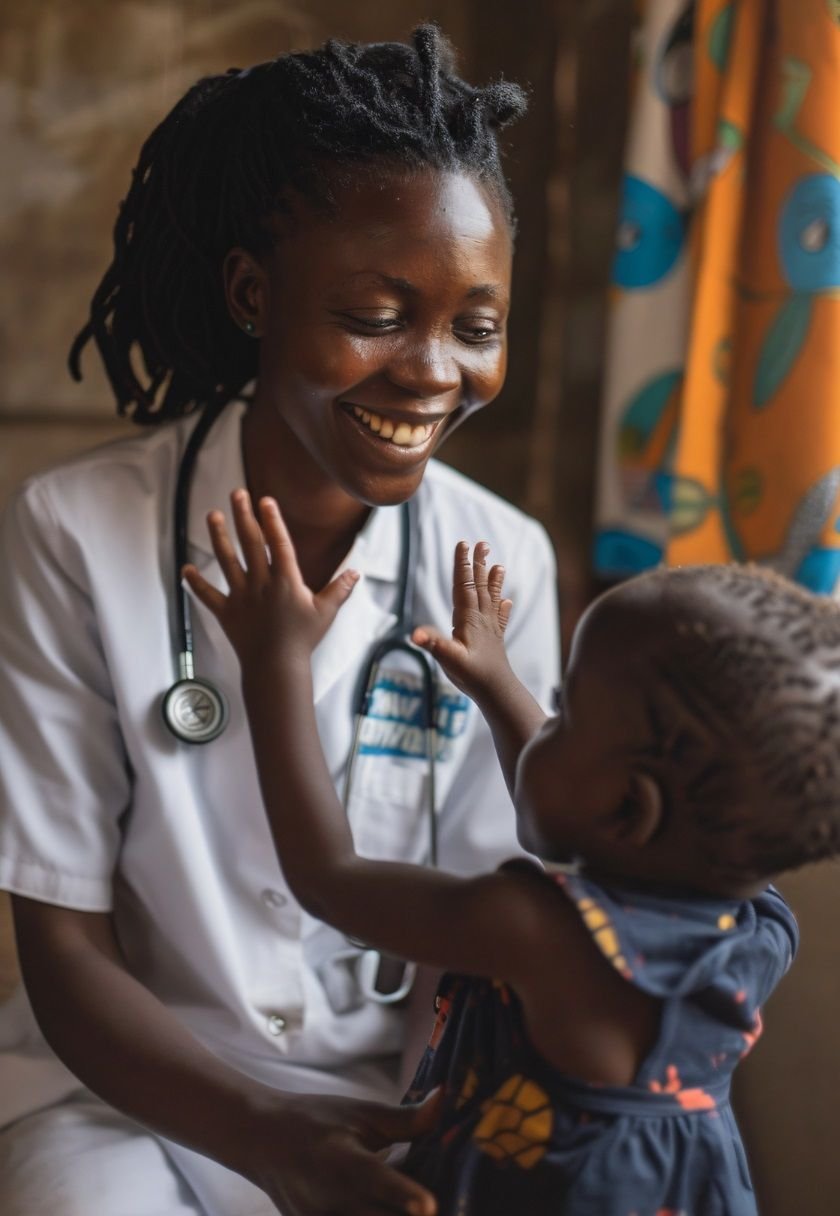 A smiling clinician greets a young child during a health visit
